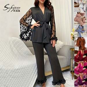 Sfy-y5108 2025 Conjunto de Lujo de Bata y Pantalones de Seda de Invierno de 2 Piezas con Cinturón, Pijama de Mujer con Volantes de Encaje Transparente en las Mangas - Product Image 2