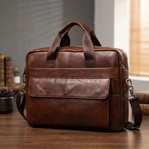 Sac messager pour ordinateur portable en cuir de veau brun de haute qualité, classique, durable, imperméable, écologique, antichoc et léger - Product Image 1