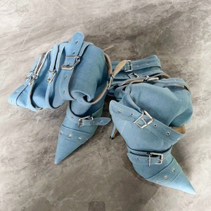 Belt Buckles Women Knee High Boots Metal Slim Heeled Denim Long <b>Booties</b> Sexy Punk Blue Stiletto Dress Shoes - Product Image 6