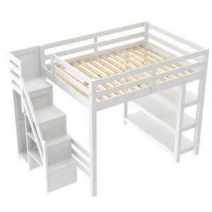 Cama alta blanca para niños con escaleras de almacenamiento y estante lateral para dormitorio - Product Image 5