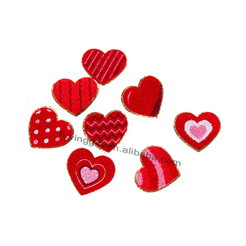 Hot selling festivals fashion valentines day heart chenille patch custom iron on 3d embroidery patches