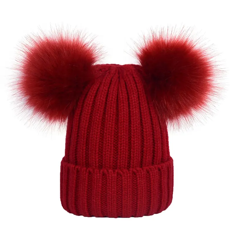 Women Faux Fur Double Ball Pompom Hat Female Winter Warm Cap Girls Knitted Beanie Hats