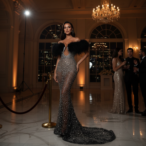 2023 Women Mermaid Silhouette Lightweight Floor-Length Beaded Sequin Dresses High Slit Strapless Sexy V-Neck Breathable Evening - Product Image 3