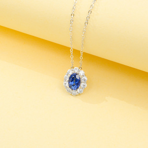 925 silver oval sapphire pendant, classic light luxury collarbone chain - Product Image 2