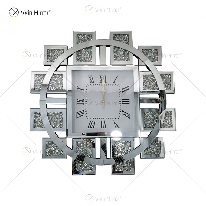 Оптовая продажа WXMC-082 зеркальные часы измельченной бриллиантовой серебро Настенный декор Элегантные Роскошные круглый зеркальной поверхностью