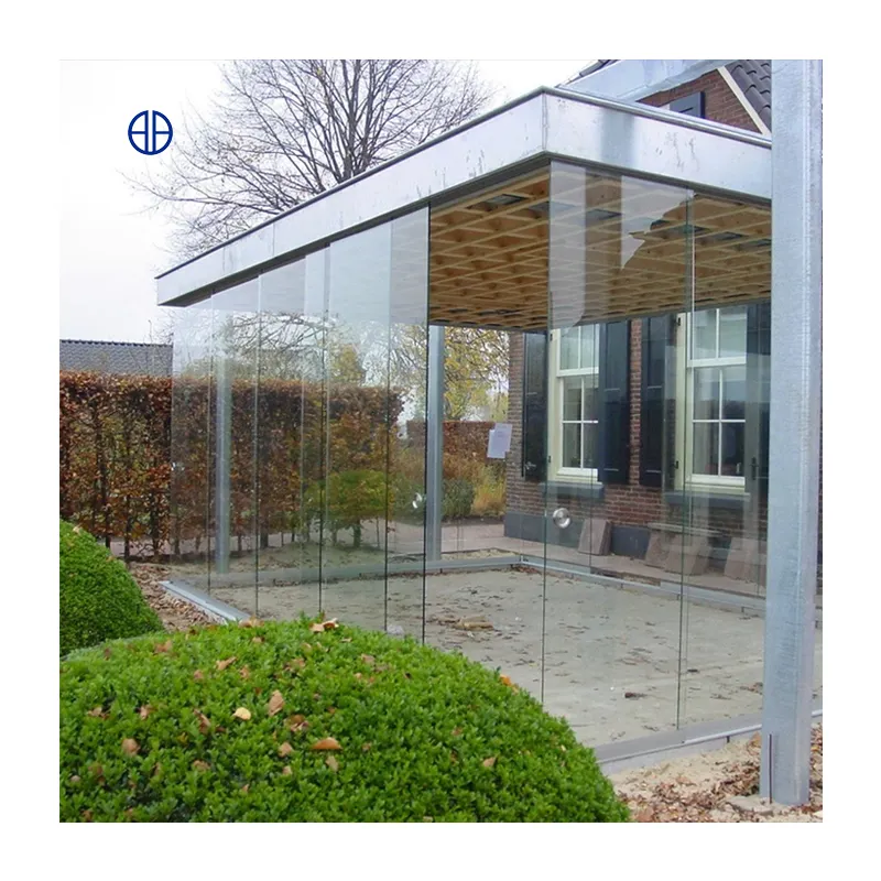 Exterior frameless movable glass partition full open aluminum folding sliding glass door for pergola sunroom