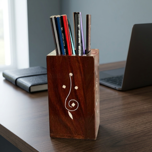 Handmade Solid Wood Pen Holder Rectangle Music Theme Inlay Tabletop <b>Desk</b> Organizer for Home Office Decoration | Wood Crafts - Product Image 1