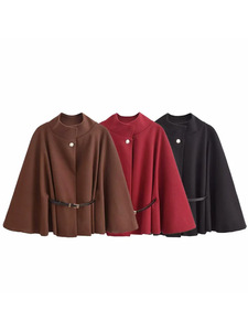 Chaqueta de Mujer de Alta Gama Vintage, Estilo Poncho Regular con Cuello Mao y Mangas Murciélago - Product Image 6