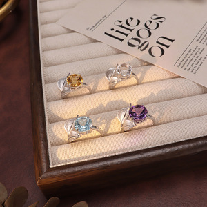 9 Bagues vintage en cristal rond taillé de 10 mm avec feuilles, pierres naturelles ajustables, en argent sterling 925 plaqué or, bijoux fantaisie pour femmes - Product Image 4
