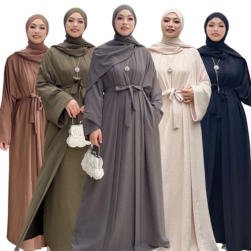 F631 # Jubah Abaya Musulman Warna Solid Di Dubai Grosir 3 Potong Pakaian Etnis Islam dan Jilbab Abaya Muslim Teluk untuk Wanita