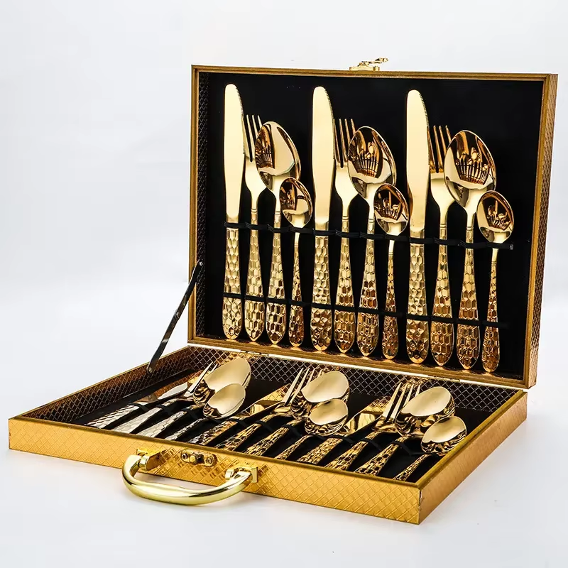 Hot Selling Water Cube Design 24pcs Stainless Steel Gold Plated Luxury Wedding Cutlery Set