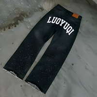 Jeans en denim streetwear personnalisés pour hommes, avec strass, de créateur, de haute qualité, délavés à l'acide, effet usé, coupe ample