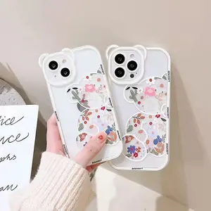 3D Bear Ear Flower Transparent Hang Phone Chain Silicone Case for iphone 13 11 Pro Max 12 XR X XS Protective Clear Soft Cover