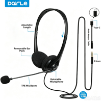 Casque filaire 3,5 mm avec adaptateur Type-C, microphone rotatif, bandeau réglable, câble de 2,1 m, appels vocaux clairs