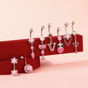 Double Jeweled Pink 316L baja bedah, mode lucu 14G Emas cantik pita dan berkilau permata menjuntai kancing perut/cincin pusar - Product Image 4