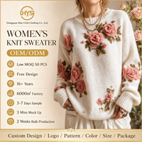 Pull en tricot épais pour femme avec broderie de rose florale 3D asymétrique, pull long d'hiver personnalisé