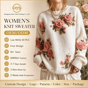 Maglione Oversize da Donna in Maglia Grossa con Ricamo Floreale 3D Crema e Rosa, Spalle Cadenti, Pullover Invernale Personalizzabile - Product Image 1