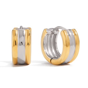 <b>Huggie</b> Earrings 18K Gold <b>Silver</b> Color Blocked Wide Three Layer Stainless Steel Everyday Wear Geometric Design - Product Image 5