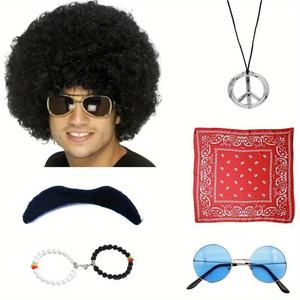 PESENAR 60s Dress-Up Kit 6pcs: <span class=keywords><strong>perruque</strong></span> <span class=keywords><strong>hippie</strong></span>, moustache décoration, lunettes rondes, bandana et ensemble de bijoux rétro - Product Image 3