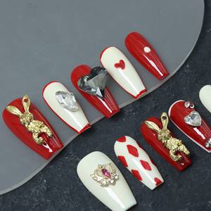 Uñas postizas acrílicas de lujo hechas a mano, precio de fábrica, estilo Y2K con diamantes de imitación, forma ataúd, cobertura completa 3D, puntas francesas. - Product Image 3