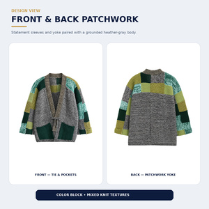 Cardigan en tricot patchwork 50 % laine et coton, style kimono ouvert sur le devant, coupe oversize, vente en gros, OEM - Product Image 5