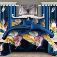 Ensemble de Literie 12 Pièces Effet Coton Rayé avec Couvre-lit, Draps et Rideaux Assortis, Grand Lit, Patchwork Floral pour Chambres