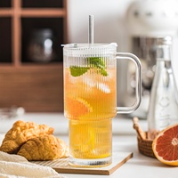 Gobelet en verre transparent réutilisable de 24 oz avec poignée, en verre borosilicate haute résistance sans plomb, épais, isolant thermiquement, à nervures antidérapantes