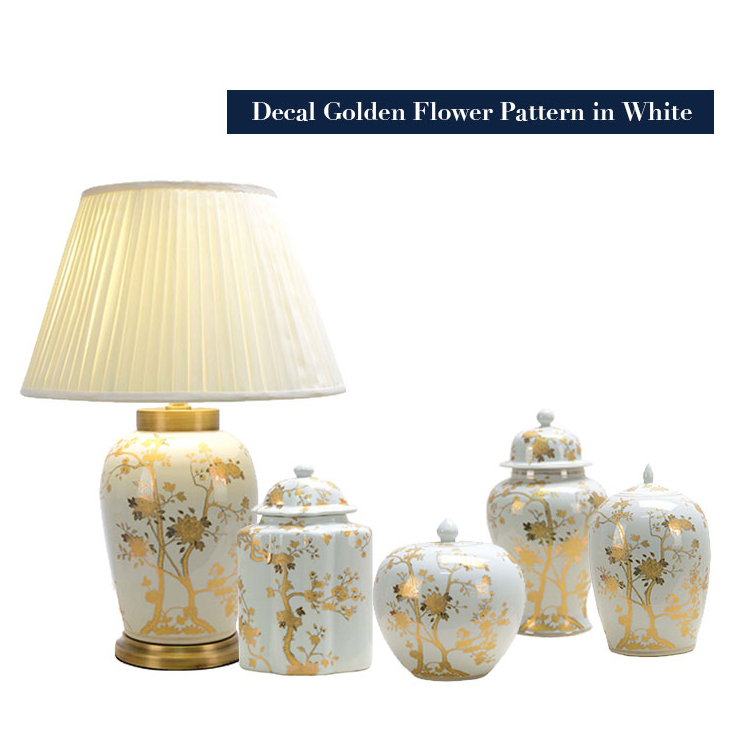Luxury Vintage Table Lamp - White Porcelain with Gold Flowers