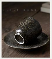 Ensemble tasse à café et soucoupe en céramique de style Wabi-Sabi vintage fait main, de forme ronde, pour l'art du latte
