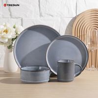 Kitchen Modern Dinning Dishware 16 Pcs Luxury Reactive Glaze White Embossed Stoneware Dishes Plates Ceramic Dinnerware Set for 4