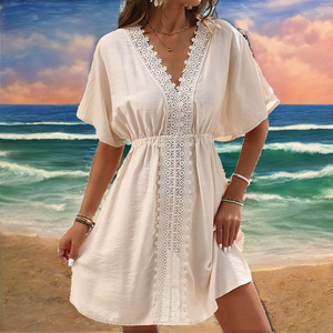 2025 New <b>Hot</b>-Selling Knee-Length Casual Solid Beach Bikini Cover-Up Ice Silk Fabric Lace Patchwork Breathable Summer Chiffon - Product Image 2