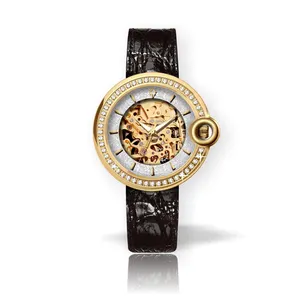 Маленький минимальный заказ, новинка, элегантные автоматические водонепроницаемые женские часы-скелетоны с кожаным ремешком, 5 атм