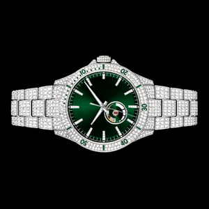 Montre automatique à cadran vert et diamants |   Montre squelette de luxe entièrement sertie de pierres - Product Image 1