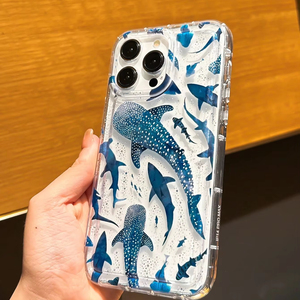 Nuova <span class=keywords><strong>Cover</strong></span> Trasparente con Motivo Balene e Squali a Pois Blu Sfumato e Bianco <span class=keywords><strong>per</strong></span> iPhone 17 16 15 Pro Max, Tema Mondo Marino, con Foro Ampio - Product Image 4
