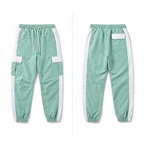 <b>Mens</b> Windbreaker Pants 100 GSM <b>Polyester</b> Woven Fabric Mint Green White Panel Cargo <b>Jogger</b> Custom Chenille Embroidery Logo Patch - Product Image 1