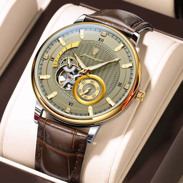 POEDAGAR 1416 Sports Luxury Men Clock Waterproof Luminous Man Watch Hollow Tourbillon Automatic Mechanical Leather Men's Watches