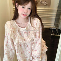 Ensemble de pyjama pour femmes, imprimé floral ours mignon, manches longues, dentelle à volants, gaze de coton douce, vêtements de maison amples, tenue de nuit douce pour femmes