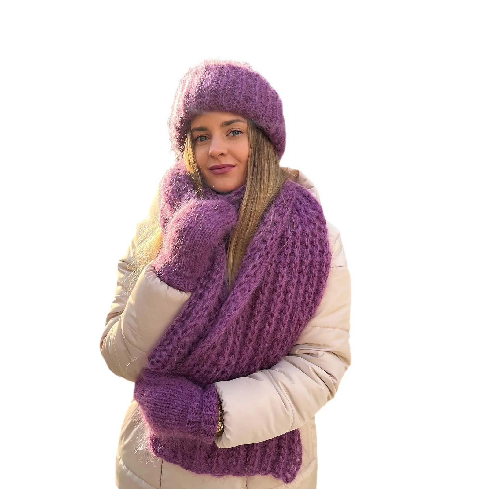Y-Z Рождественский модный вязаный зимний теплый комплект из трех предметов для женщин мохеровая шапка и шарф набор перчаток