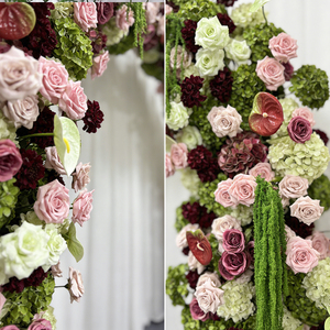 Arche florale artificielle avec des fleurs roses, vertes et bordeaux mélangées, décoration florale luxurante pour les mariages - Product Image 3