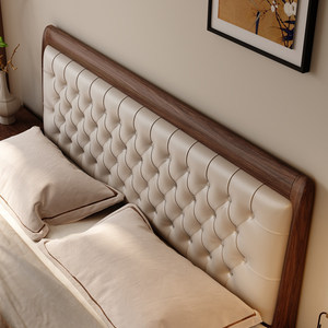 Cama Doble de Madera Maciza de Nogal Negro con Cuero Genuino Acolchado Suave, Estilo Chino Nuevo, Estética de Primera Capa de Piel de Vaca - Product Image 3