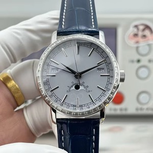 Reloj de Pulsera Mecánico de Lujo con Esfera Blanca, Caja Plateada, Bisel con Diamantes Baguette, Fase Lunar, Correa Azul para Hombre - Product Image 1