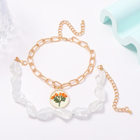 Bracelet de cheville double couche réversible, style vacances à la plage, motif floral vintage. Bracelet de cheville à perles de cristal tendance. Style féminin.