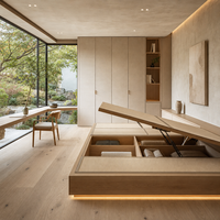 Lit plateforme tatami sur mesure, style bio-moderne, avec armoire en chêne et bureau d'angle pour villa ensoleillée
