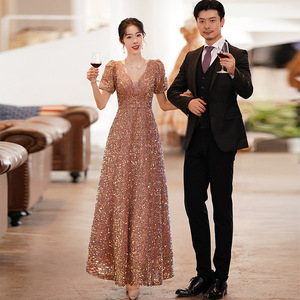 Elegant Sequined Evening Gown For Women V-Neck A-Line Mid-Length Champagne Color Hostess Dress Natural Waistline - Product Image 4
