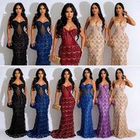 Robes de soirée luxueuses à sequins, épaules dénudées et dos nu pour femmes, robes de fête élégantes sans manches