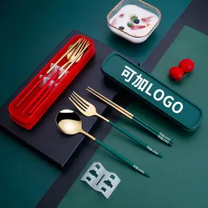 热卖户外不锈钢绿色餐具带盒便携式旅行餐具套装勺叉筷子3件套