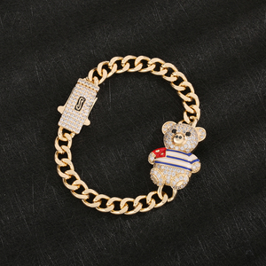 Pulsera de latón chapada en oro de 14K con diseño de oso de peluche y diamantes, estilo cubano con rayas esmaltadas, joyería hip hop para mujer - Product Image 3