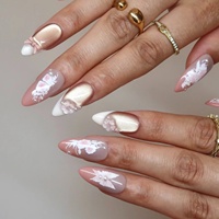 Ongles en acrylique à pression avec motifs papillon, nœud, rose et perle peints à la main, forme amande, personnalisables pour la vie quotidienne et les mariages