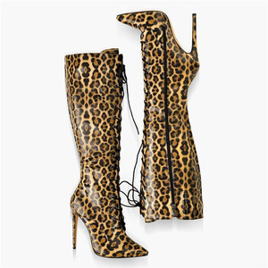 Large Size 46 Lace up Slim <b>Heels</b> Shoes Women Pointed Toe Patent Long Side Zipper Sexy Knee High Leopard Prints Boots - Product Image 3