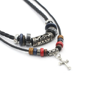 남성용 보헤미안 합금 십자가 펜던트 가죽 목걸이 NLGL03 - Product Image 1